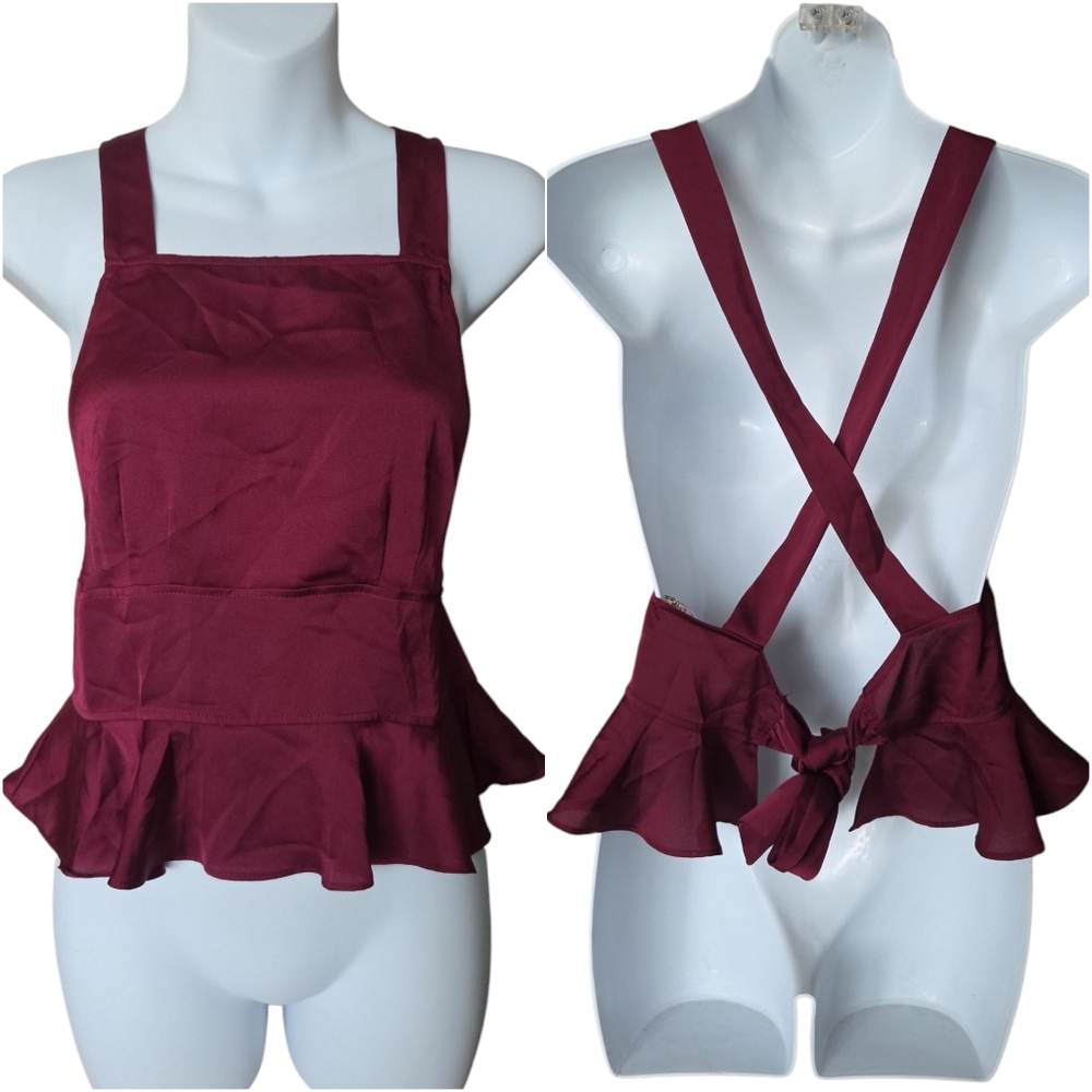 Intimately Free People Burgundy Satin Ruffle CrissCross Tie Back Apron Style Top